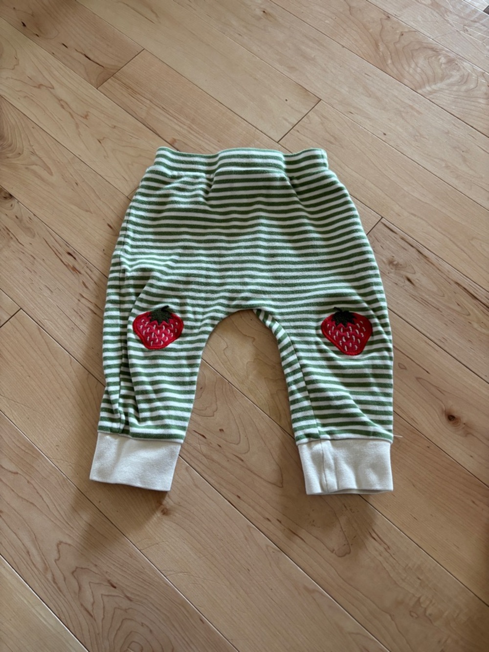 Green & White Striped Baby Pants with Strawberry Appliqués